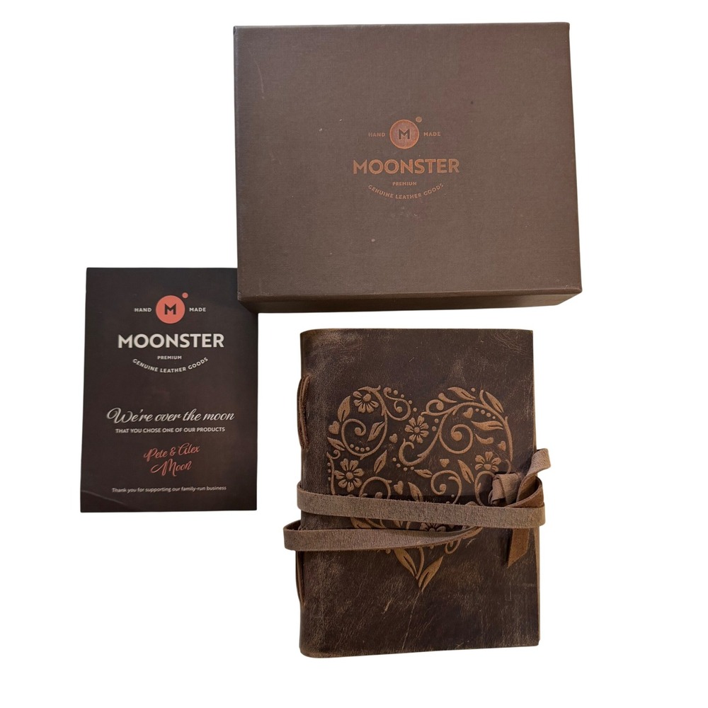 Moonster Leather Journal Unisex 5x7 Brown Heart‎ Embossed Refillable Notebook
